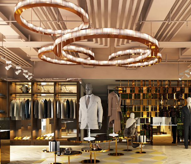 retail inside of a menswear shop featuring mannequins wearing suits and gold lighting on the ceiling